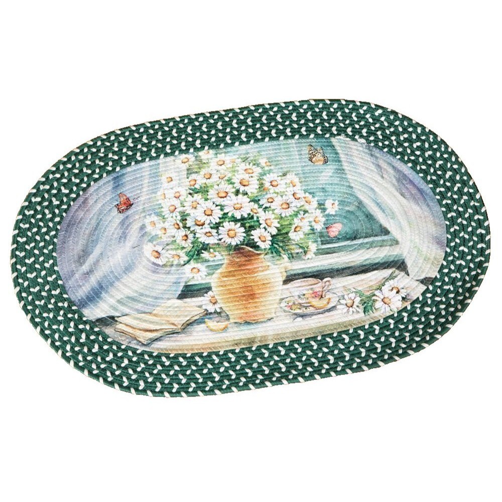 Oval Braided Kitchen Accent Rug (20"x30") DAISIES FLOWERS IN VASE & BUTTERFLIES